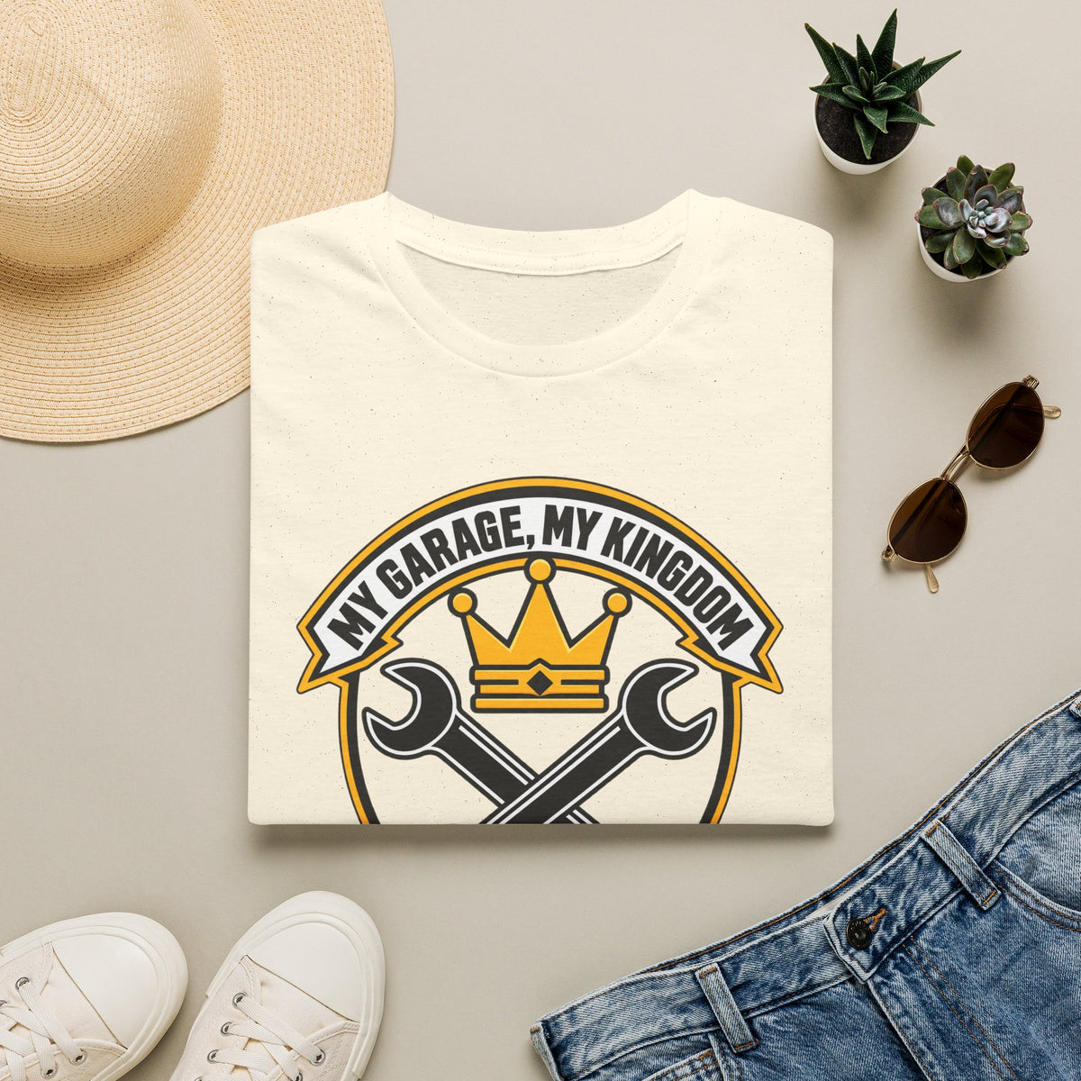Garage King T-Shirt — "My Garage, My Kingdom" Wrench & Crown Tee