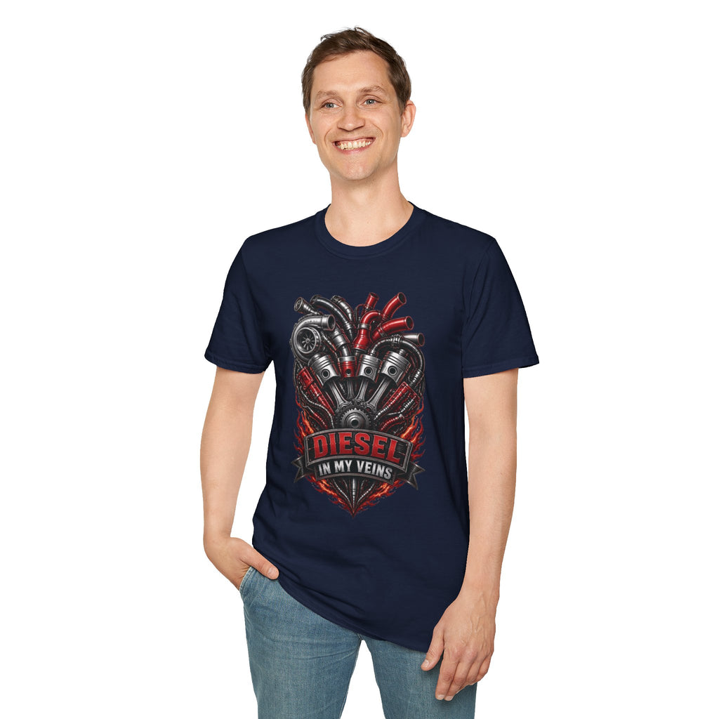 Diesel In My Veins T-Shirt — Engine Heart Graphic Tee for Car & Motor Enthusiasts