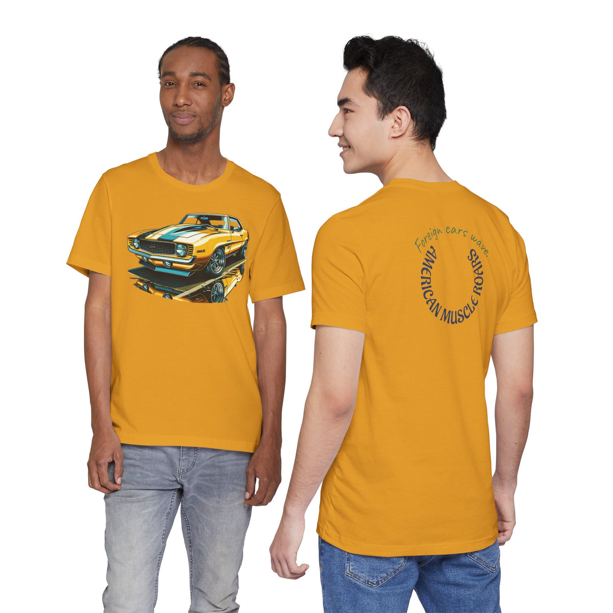 Yellow Classic Muscle Car T-Shirt | American Muscle Roars back graphic tee