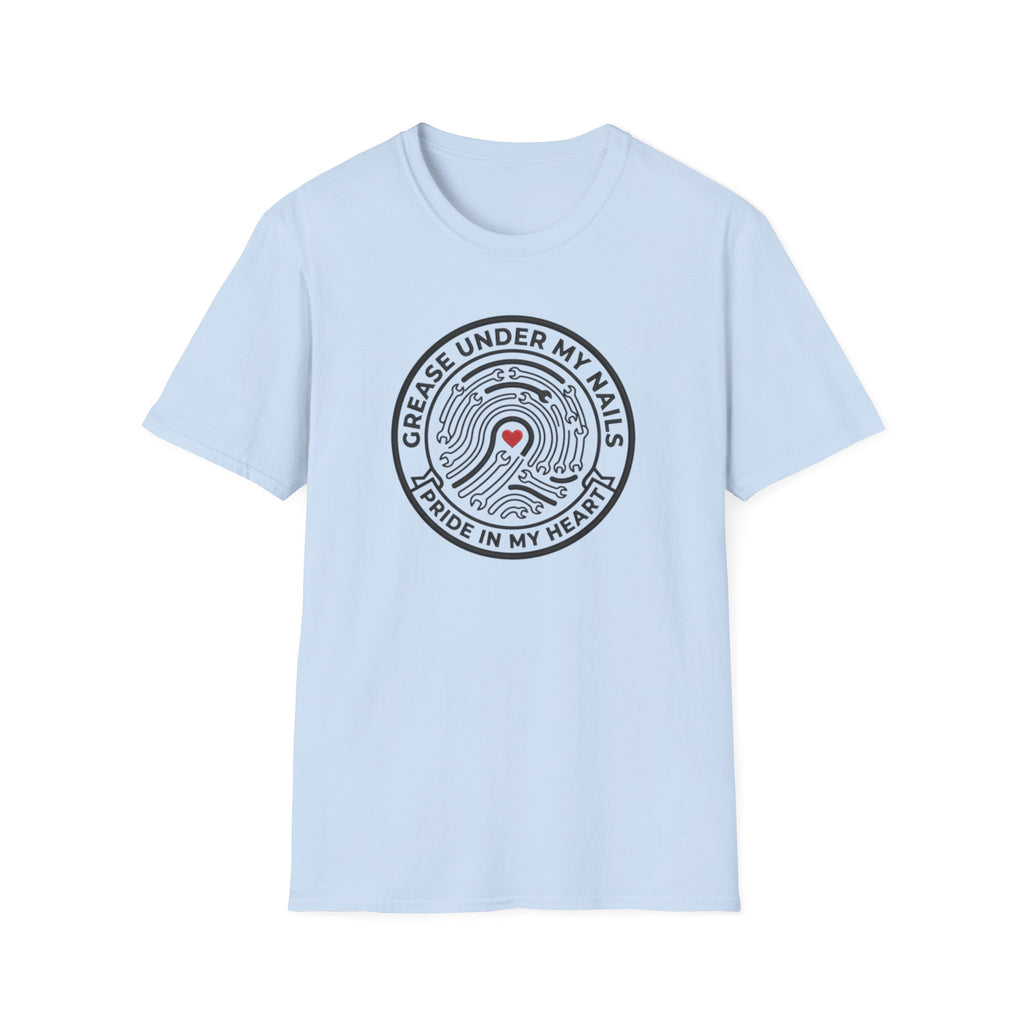 T-Shirt — "Grease Under My Nails, Pride in My Heart" Mechanic Heart Graphic Tee