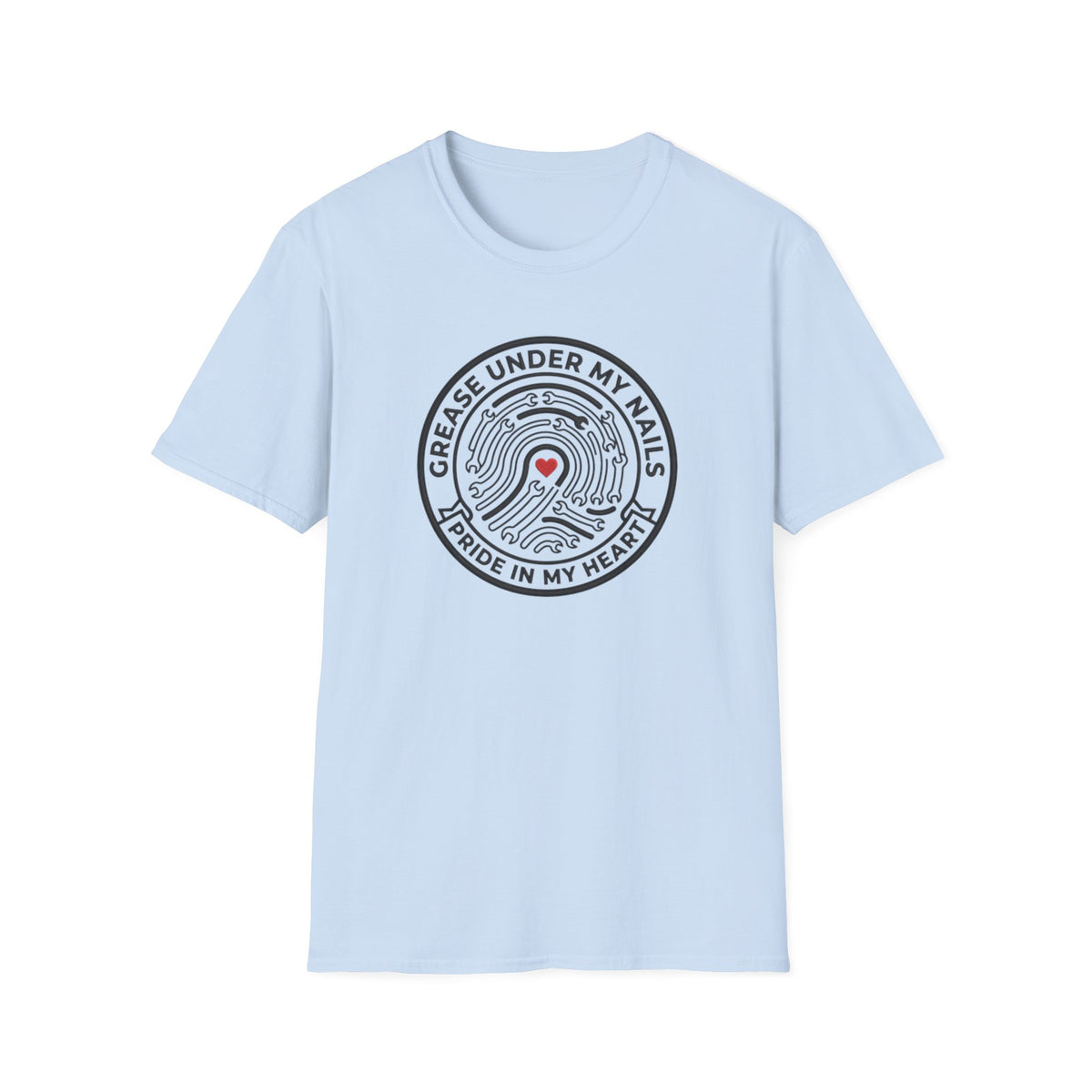T-Shirt — "Grease Under My Nails, Pride in My Heart" Mechanic Heart Graphic Tee