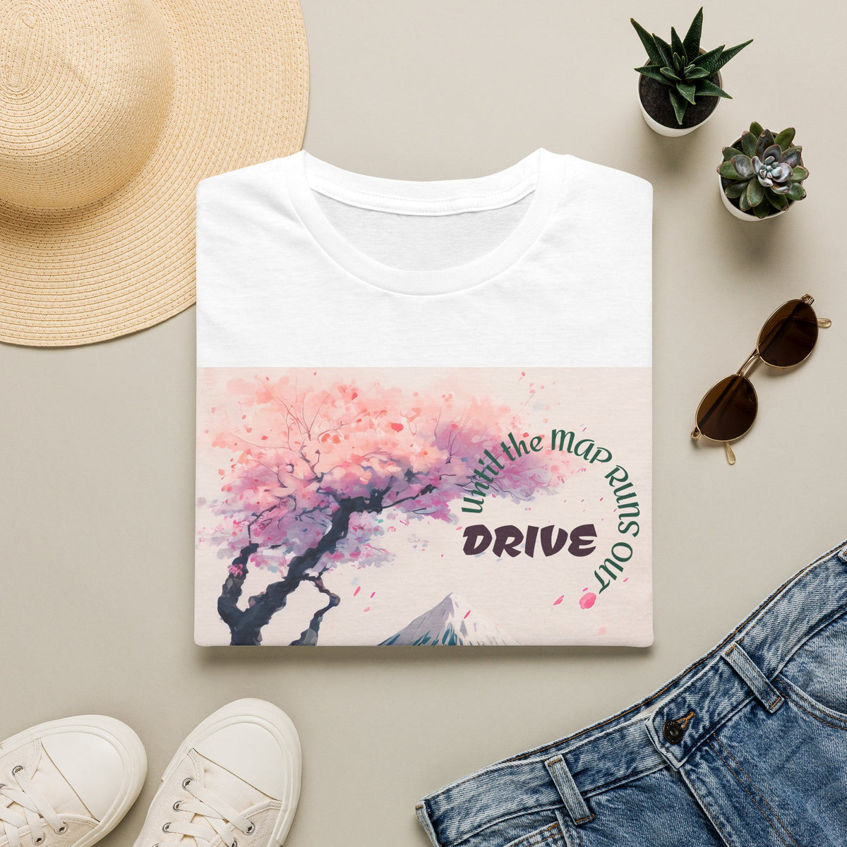 Cherry Blossom Skyline Drive T-Shirt | Retro Car, Mount Fuji