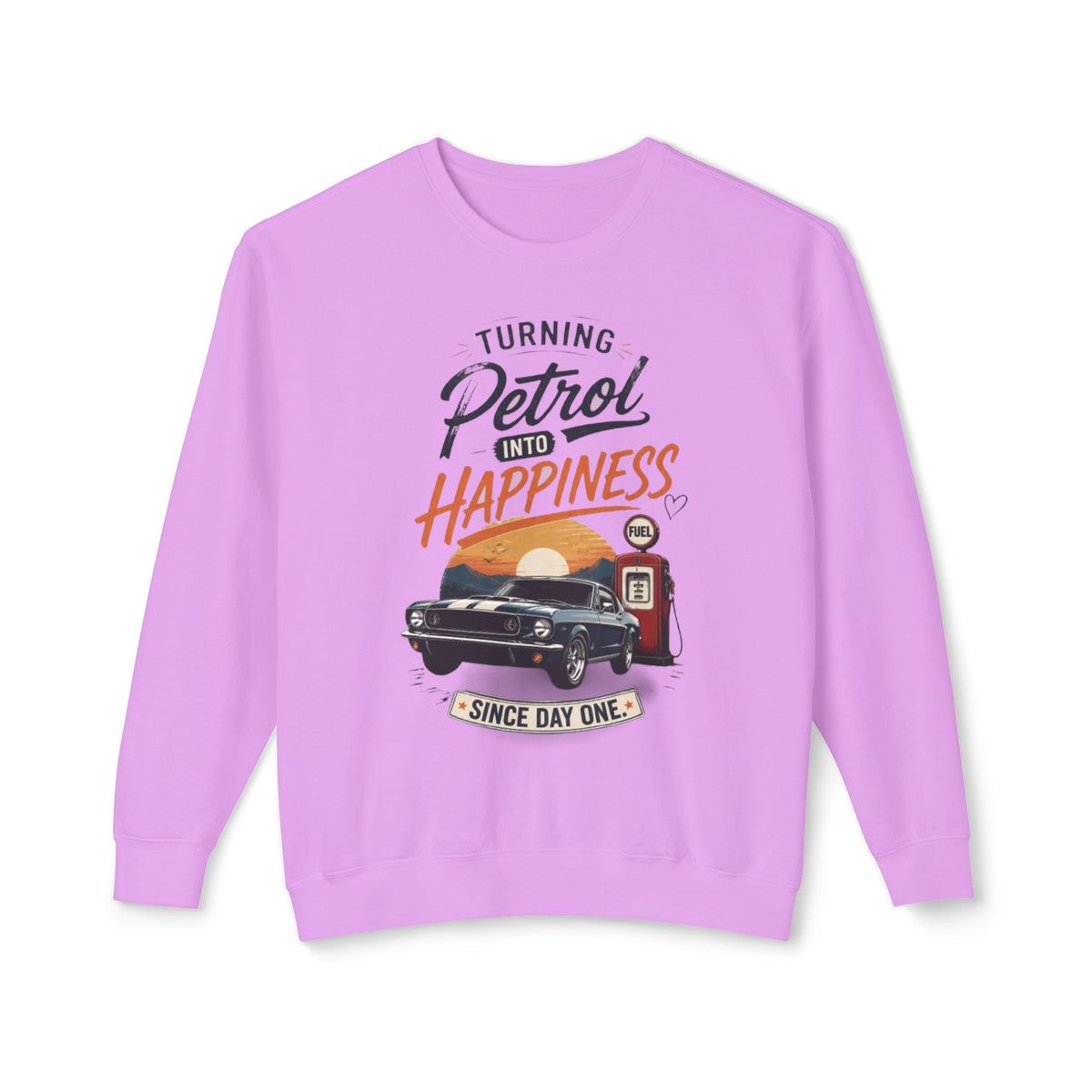 Petrol Into Happiness Crewneck Sweatshirt — Classic Car & Vintage Gas Pump Graphic
