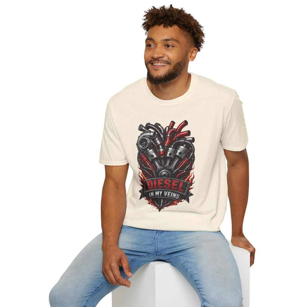 Diesel In My Veins T-Shirt — Engine Heart Graphic Tee for Car & Motor Enthusiasts