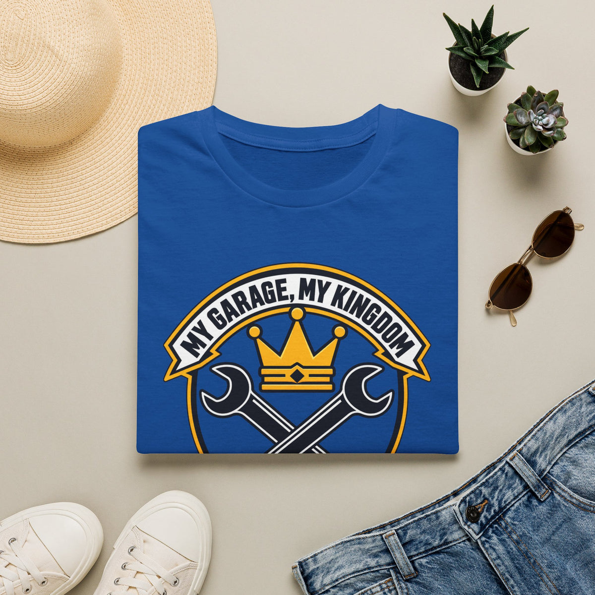 Garage King T-Shirt — "My Garage, My Kingdom" Wrench & Crown Tee