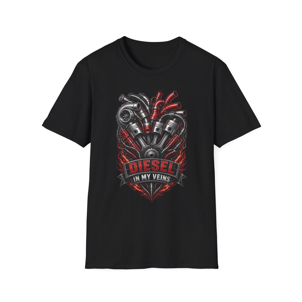 Diesel In My Veins T-Shirt — Engine Heart Graphic Tee for Car & Motor Enthusiasts