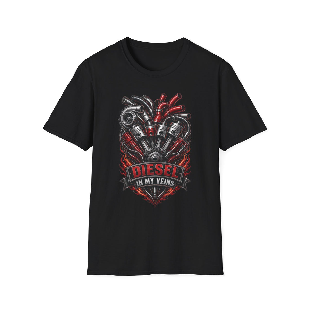 Diesel In My Veins T-Shirt — Engine Heart Graphic Tee for Car & Motor Enthusiasts