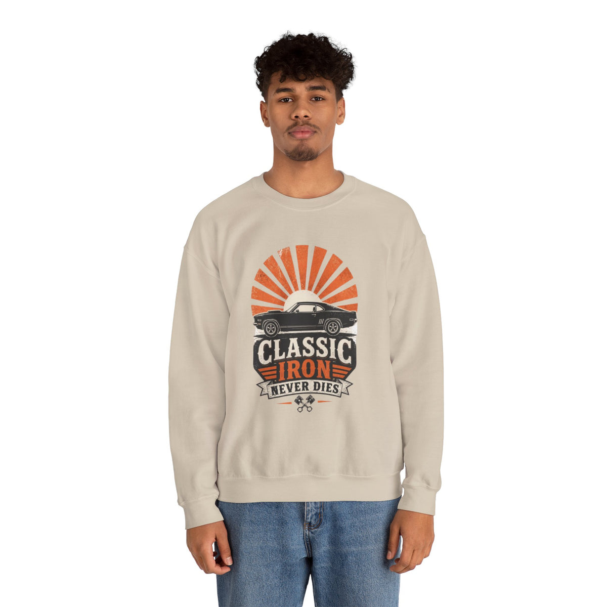 Classic Car Sweatshirt - "Classic Iron Never Dies" Retro Muscle Car Crewneck