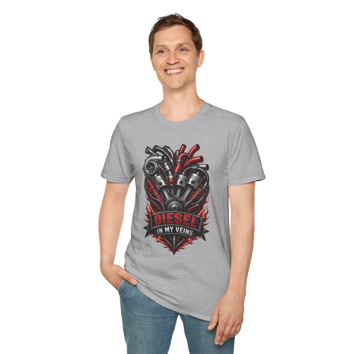 Diesel In My Veins T-Shirt — Engine Heart Graphic Tee for Car & Motor Enthusiasts