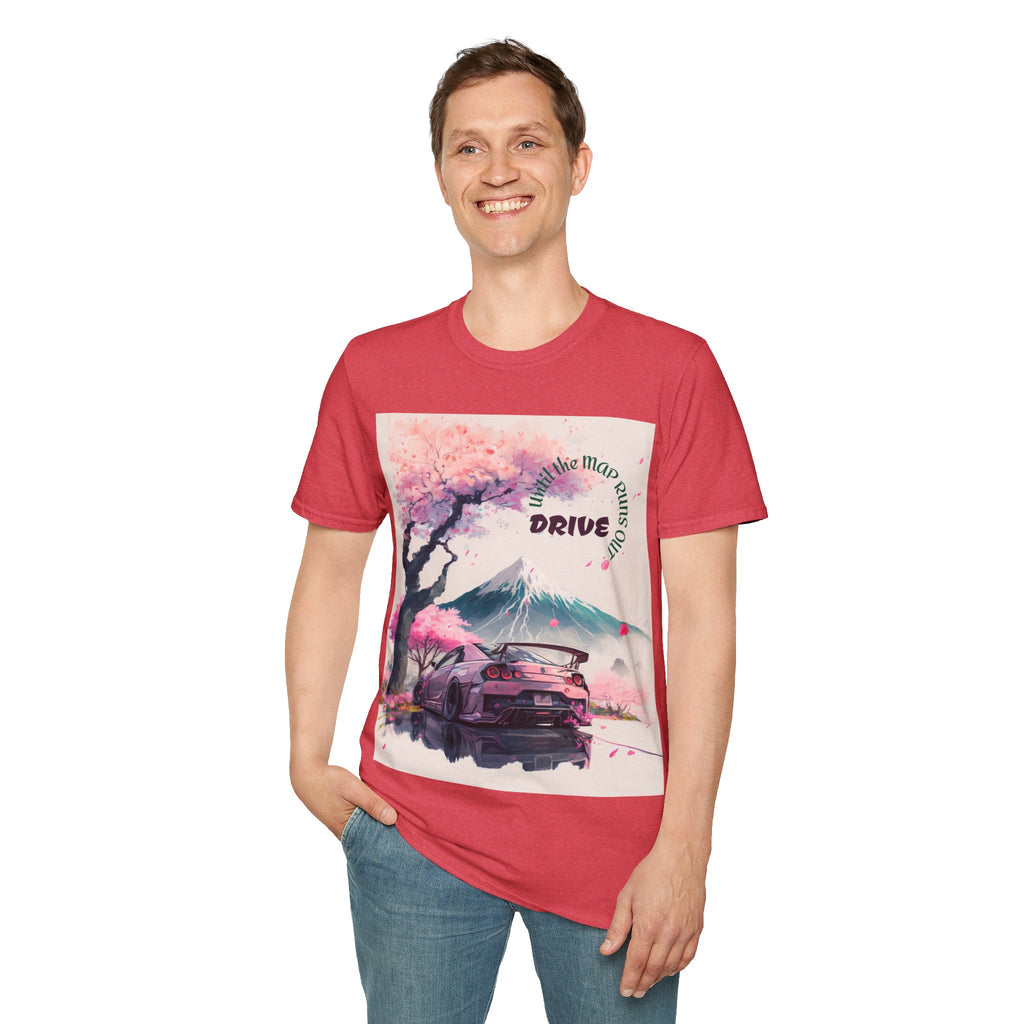 Cherry Blossom Skyline Drive T-Shirt | Retro Car, Mount Fuji
