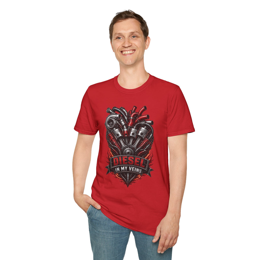 Diesel In My Veins T-Shirt — Engine Heart Graphic Tee for Car & Motor Enthusiasts