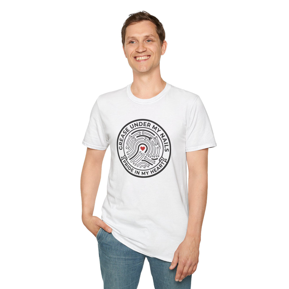 T-Shirt — "Grease Under My Nails, Pride in My Heart" Mechanic Heart Graphic Tee