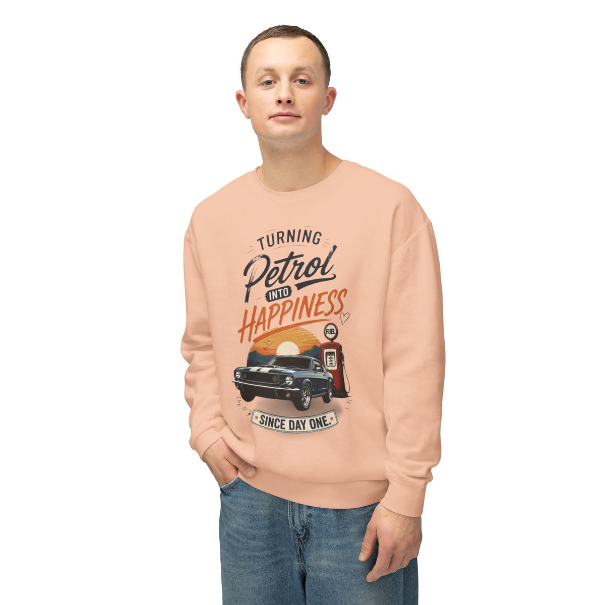 Petrol Into Happiness Crewneck Sweatshirt — Classic Car & Vintage Gas Pump Graphic