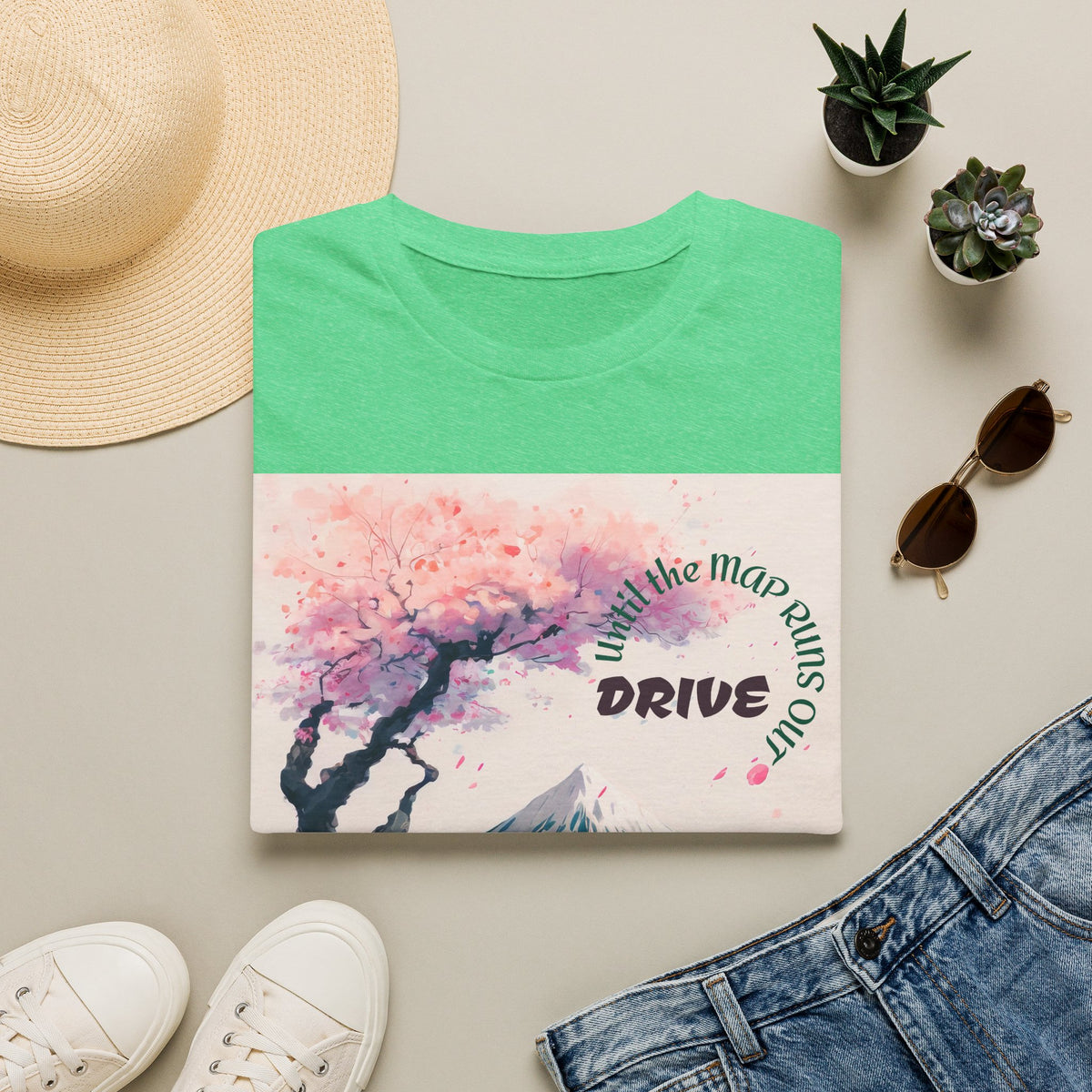 Cherry Blossom Skyline Drive T-Shirt | Retro Car, Mount Fuji