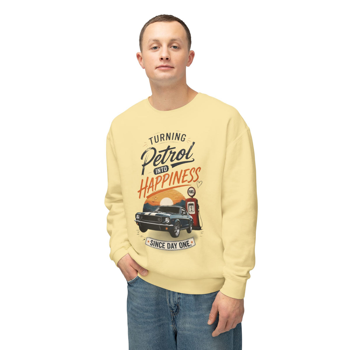 Petrol Into Happiness Crewneck Sweatshirt — Classic Car & Vintage Gas Pump Graphic