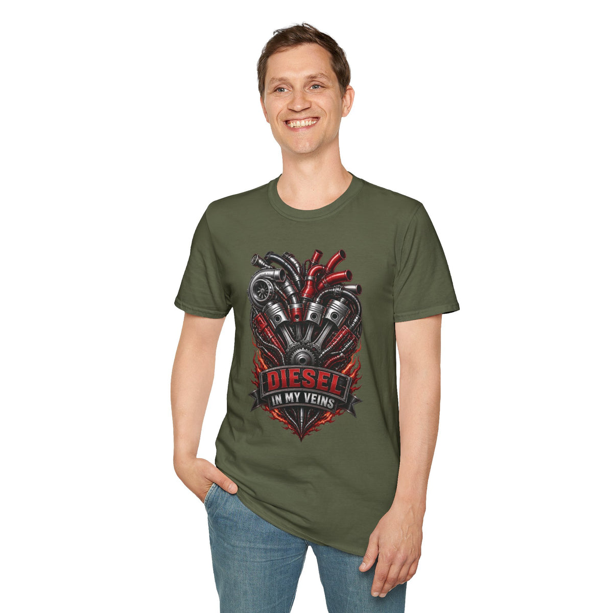 Diesel In My Veins T-Shirt — Engine Heart Graphic Tee for Car & Motor Enthusiasts