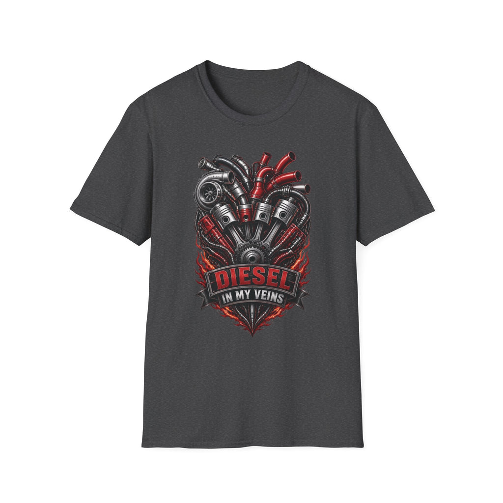 Diesel In My Veins T-Shirt — Engine Heart Graphic Tee for Car & Motor Enthusiasts