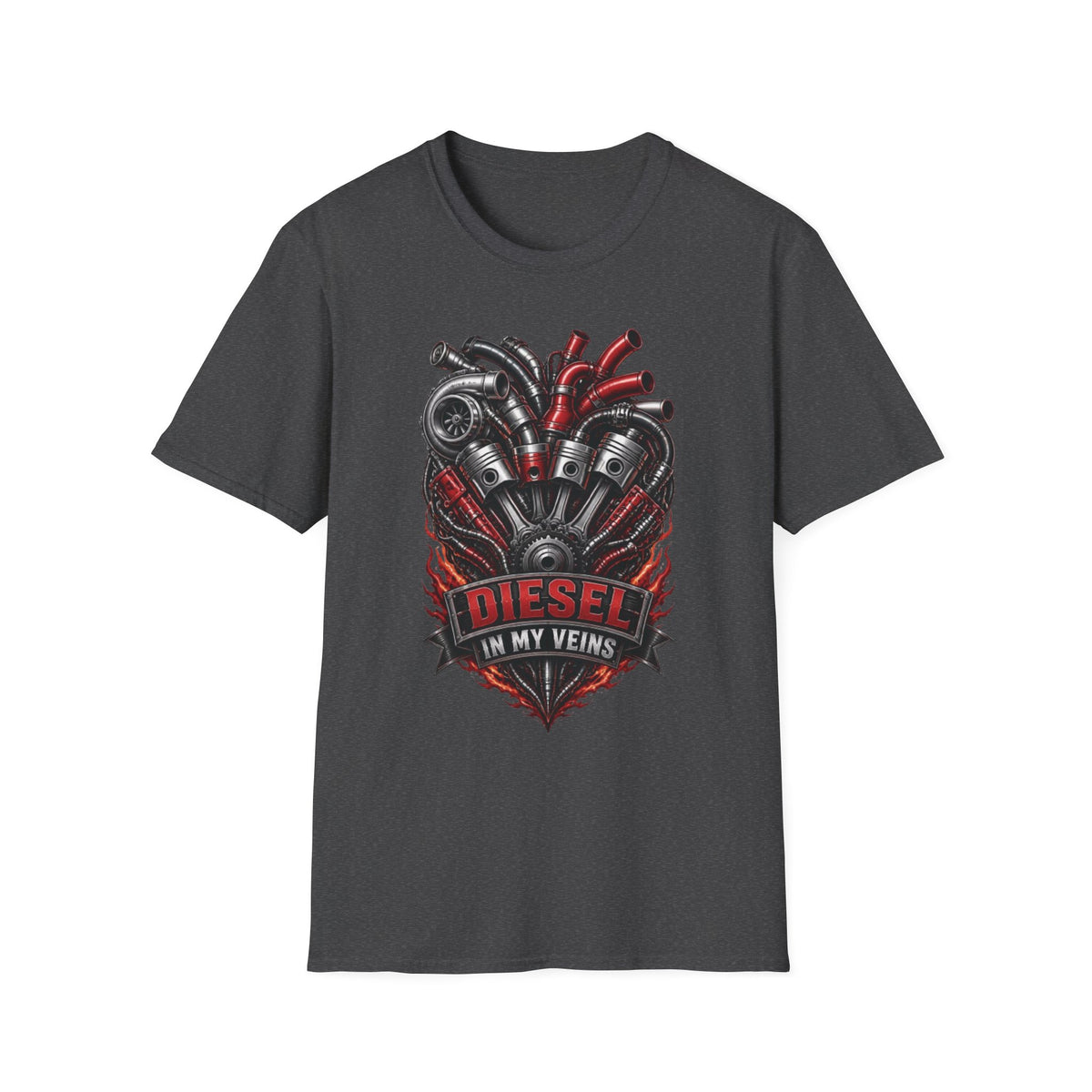 Diesel In My Veins T-Shirt — Engine Heart Graphic Tee for Car & Motor Enthusiasts