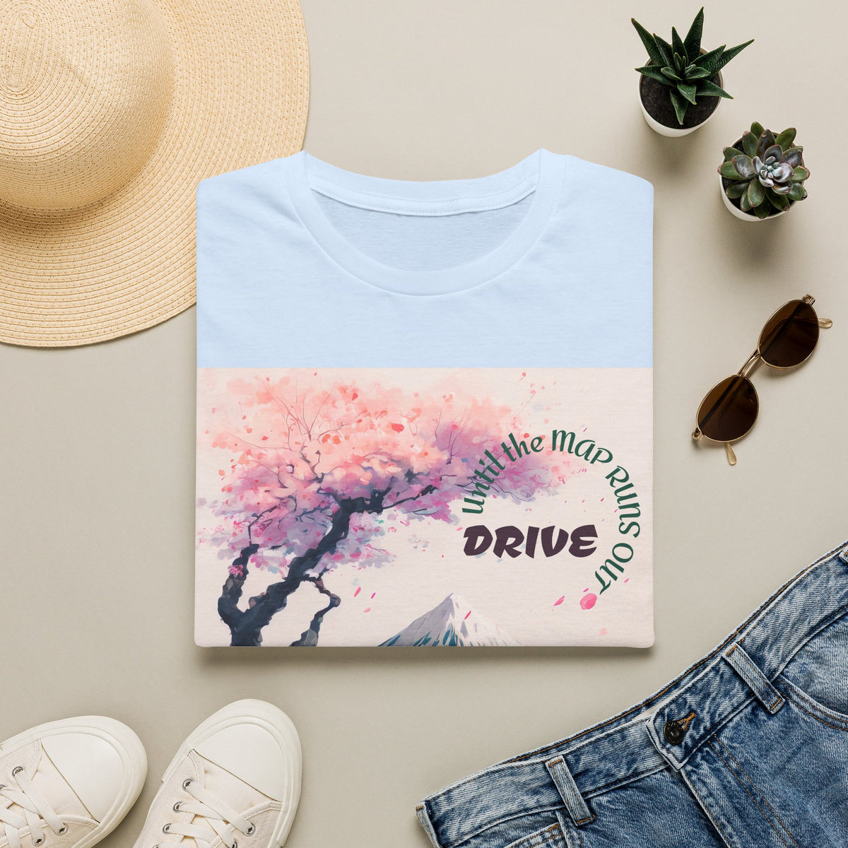 Cherry Blossom Skyline Drive T-Shirt | Retro Car, Mount Fuji