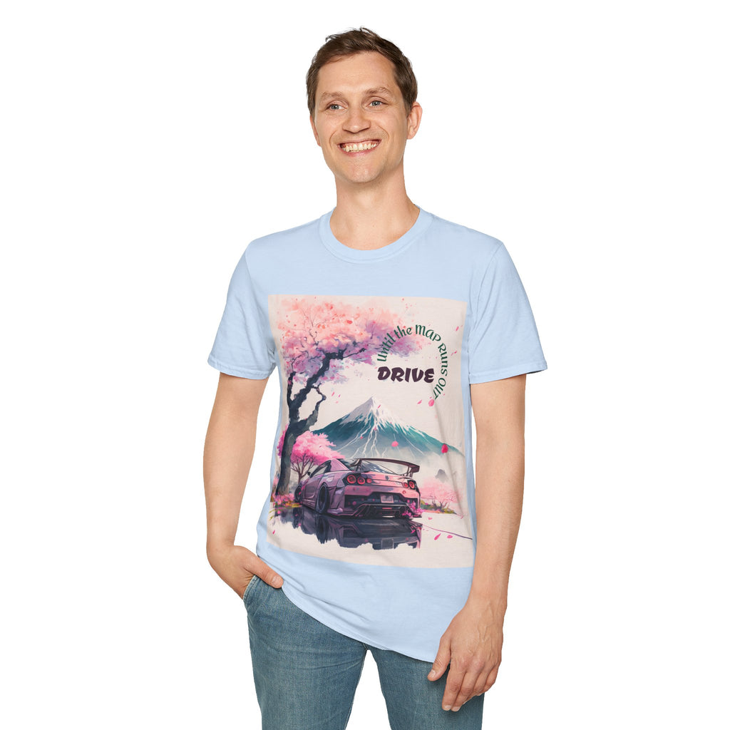 Cherry Blossom Skyline Drive T-Shirt | Retro Car, Mount Fuji
