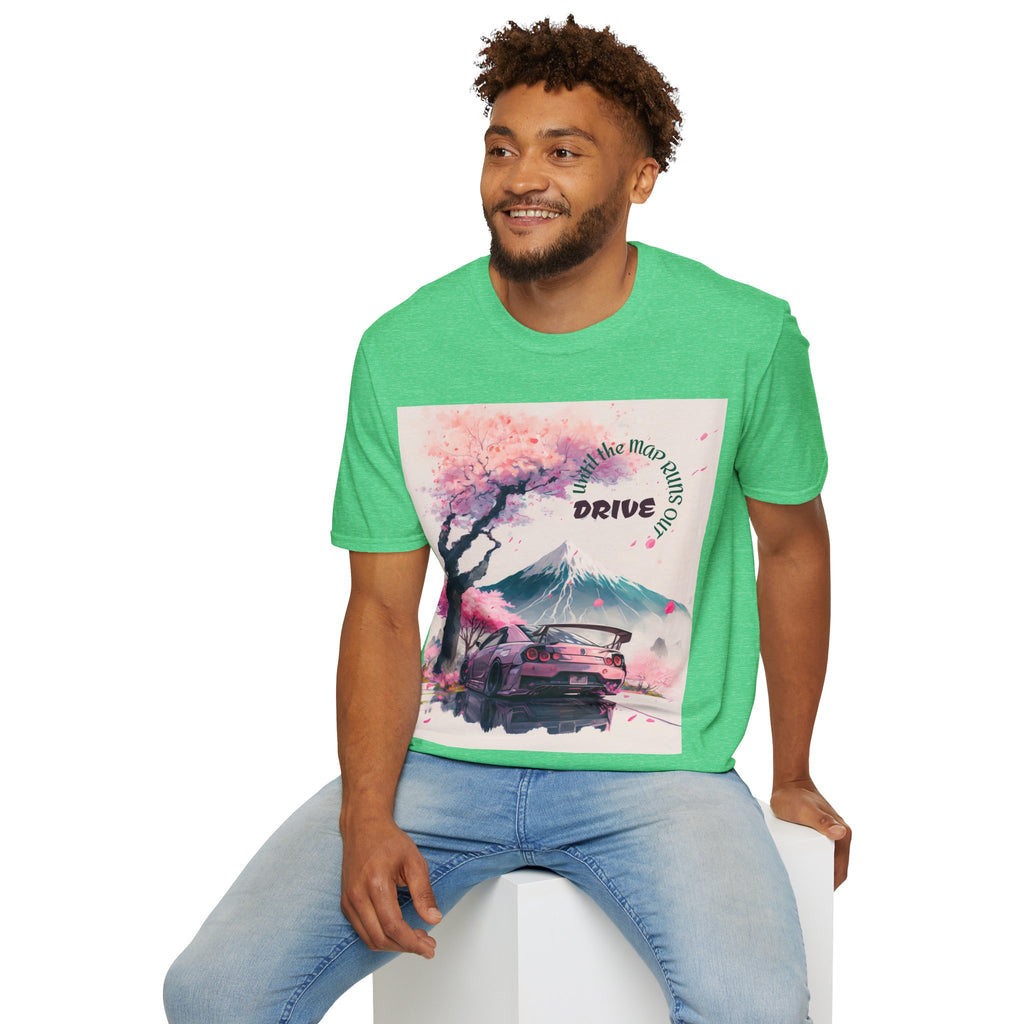 Cherry Blossom Skyline Drive T-Shirt | Retro Car, Mount Fuji