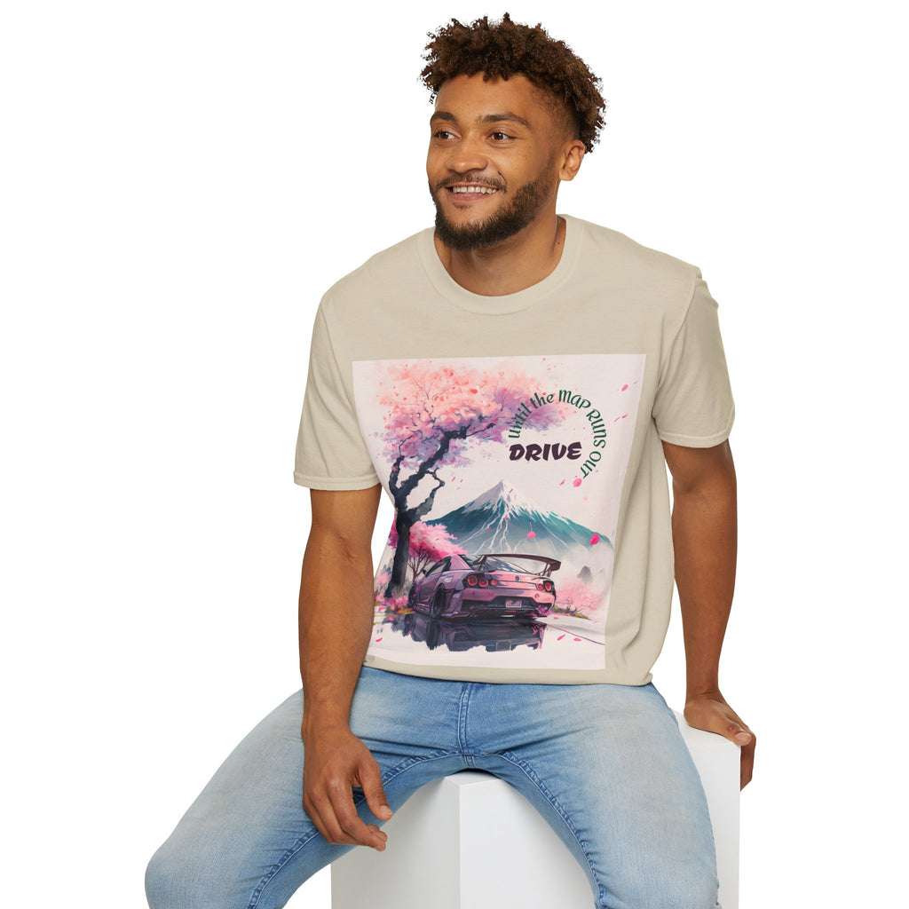 Cherry Blossom Skyline Drive T-Shirt | Retro Car, Mount Fuji