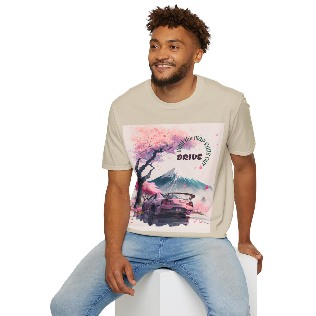 Cherry Blossom Skyline Drive T-Shirt | Retro Car, Mount Fuji
