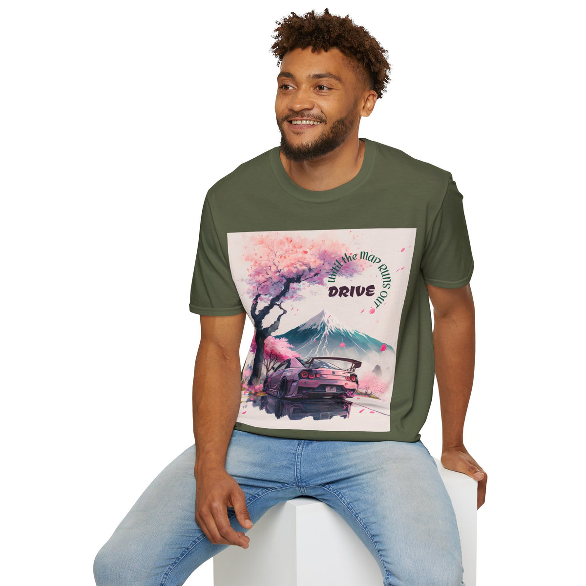 Cherry Blossom Skyline Drive T-Shirt | Retro Car, Mount Fuji