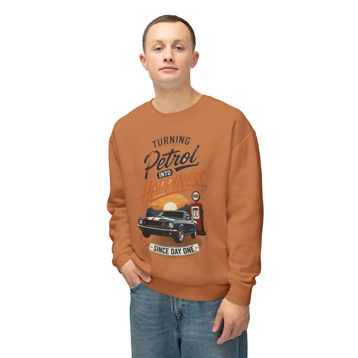 Petrol Into Happiness Crewneck Sweatshirt — Classic Car & Vintage Gas Pump Graphic