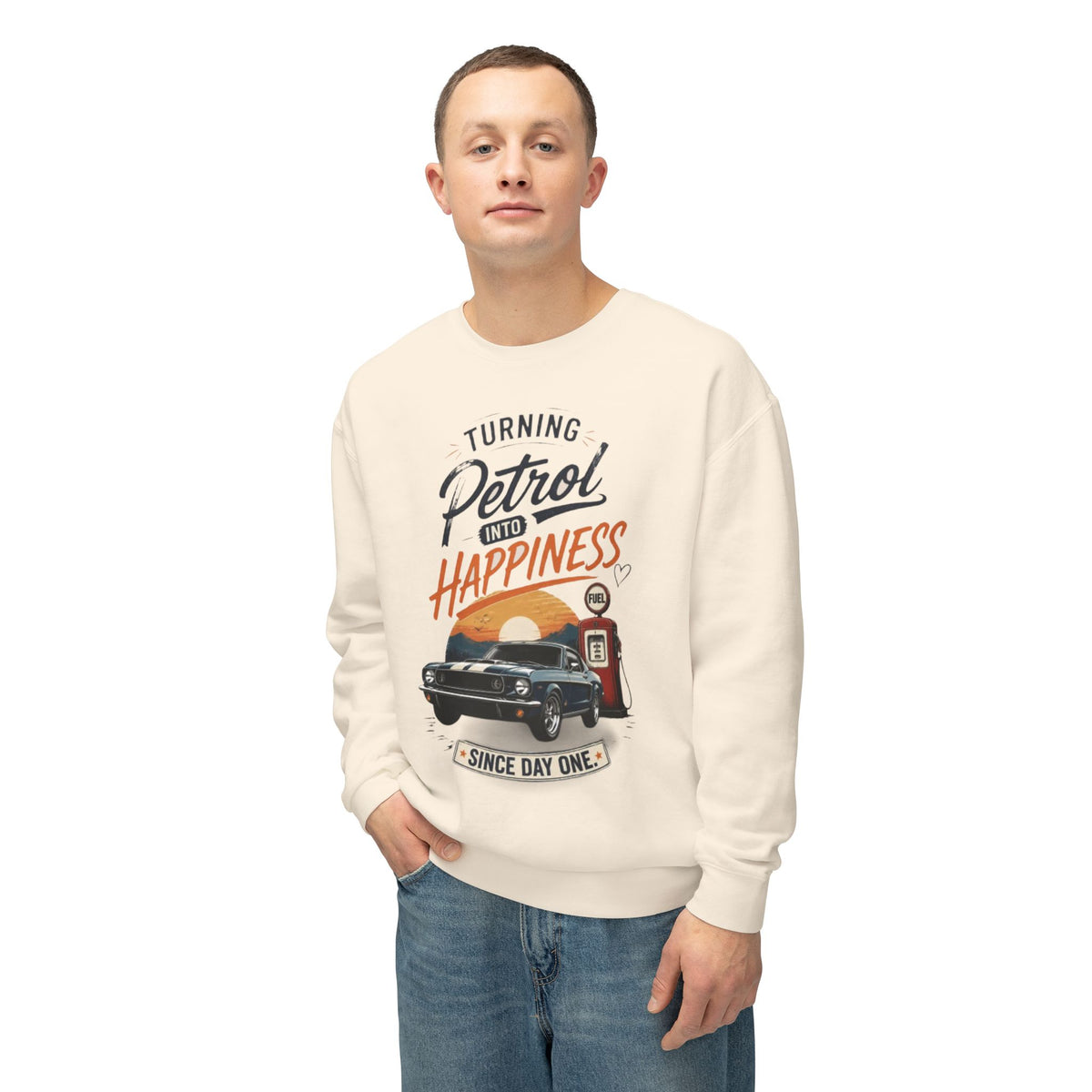 Petrol Into Happiness Crewneck Sweatshirt — Classic Car & Vintage Gas Pump Graphic