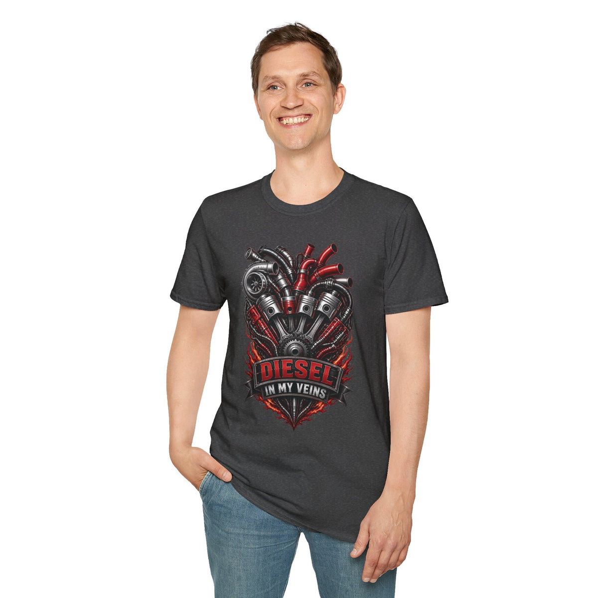 Diesel In My Veins T-Shirt — Engine Heart Graphic Tee for Car & Motor Enthusiasts