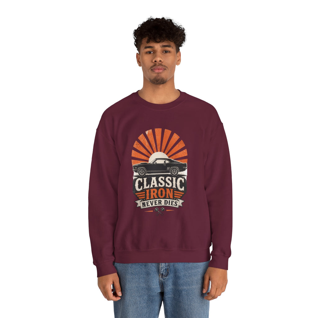 Classic Car Sweatshirt - "Classic Iron Never Dies" Retro Muscle Car Crewneck