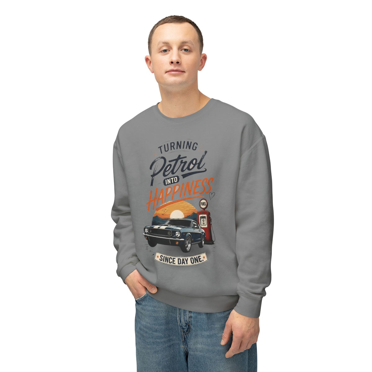 Petrol Into Happiness Crewneck Sweatshirt — Classic Car & Vintage Gas Pump Graphic