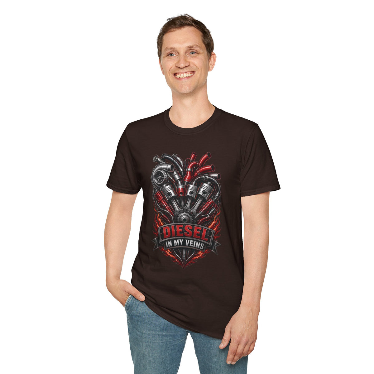 Diesel In My Veins T-Shirt — Engine Heart Graphic Tee for Car & Motor Enthusiasts