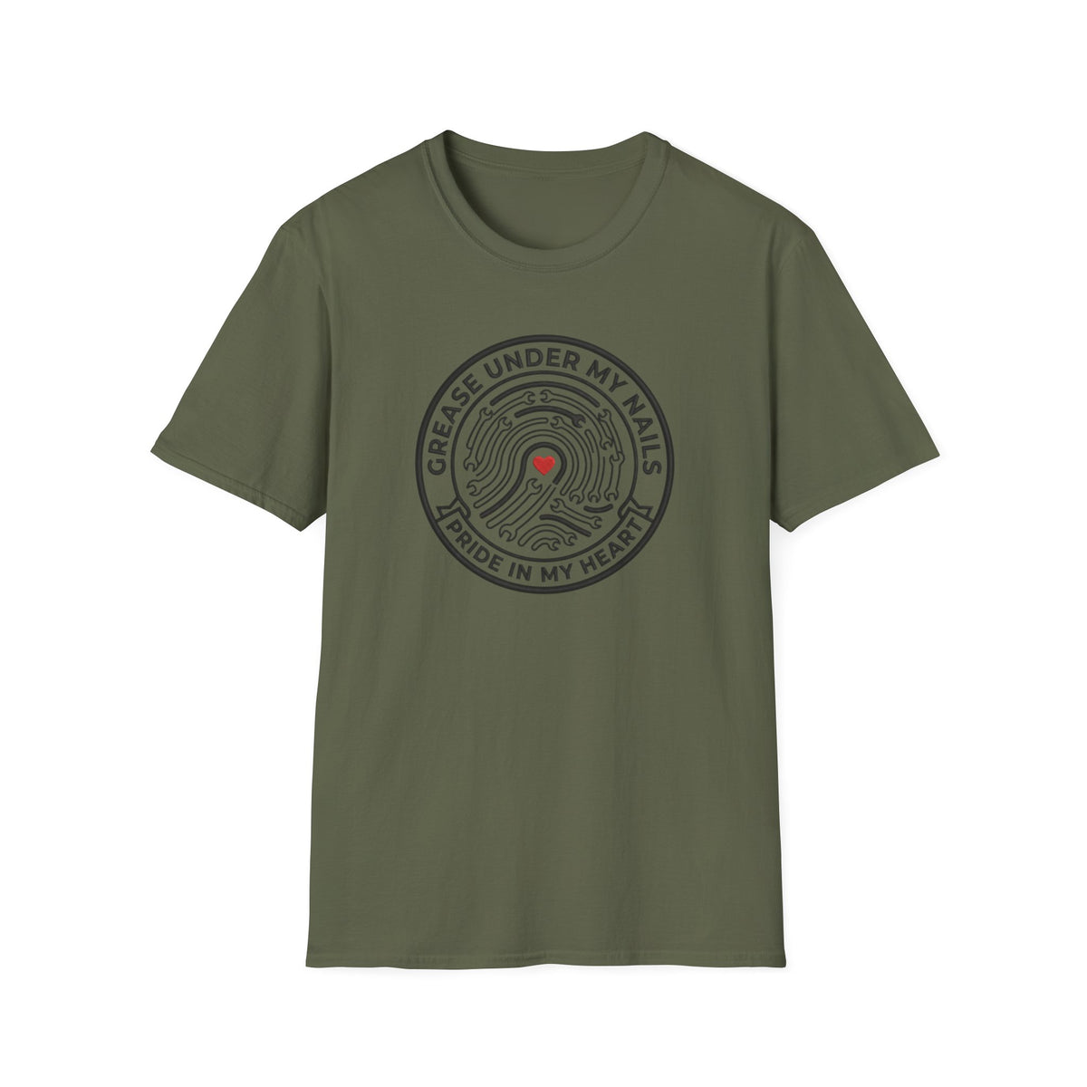 T-Shirt — "Grease Under My Nails, Pride in My Heart" Mechanic Heart Graphic Tee