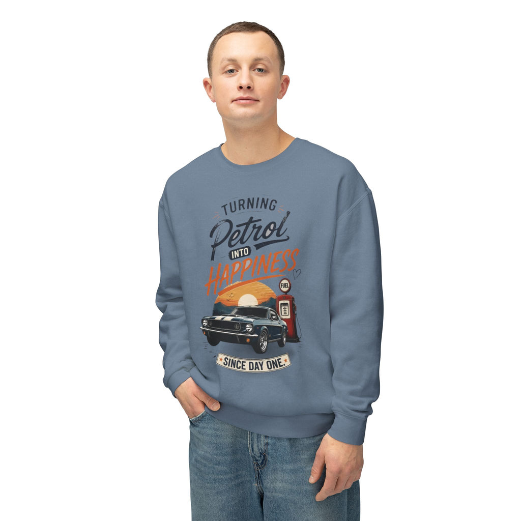 Petrol Into Happiness Crewneck Sweatshirt — Classic Car & Vintage Gas Pump Graphic
