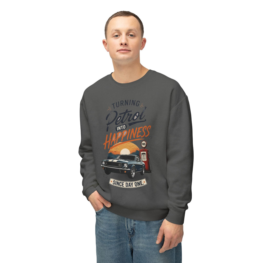 Petrol Into Happiness Crewneck Sweatshirt — Classic Car & Vintage Gas Pump Graphic