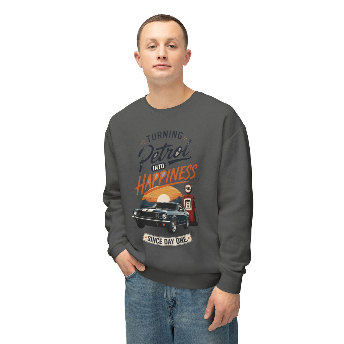 Petrol Into Happiness Crewneck Sweatshirt — Classic Car & Vintage Gas Pump Graphic