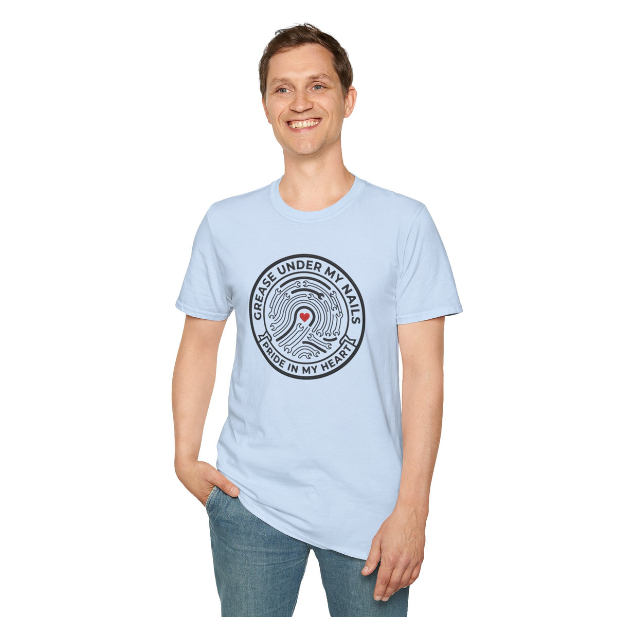 T-Shirt — "Grease Under My Nails, Pride in My Heart" Mechanic Heart Graphic Tee