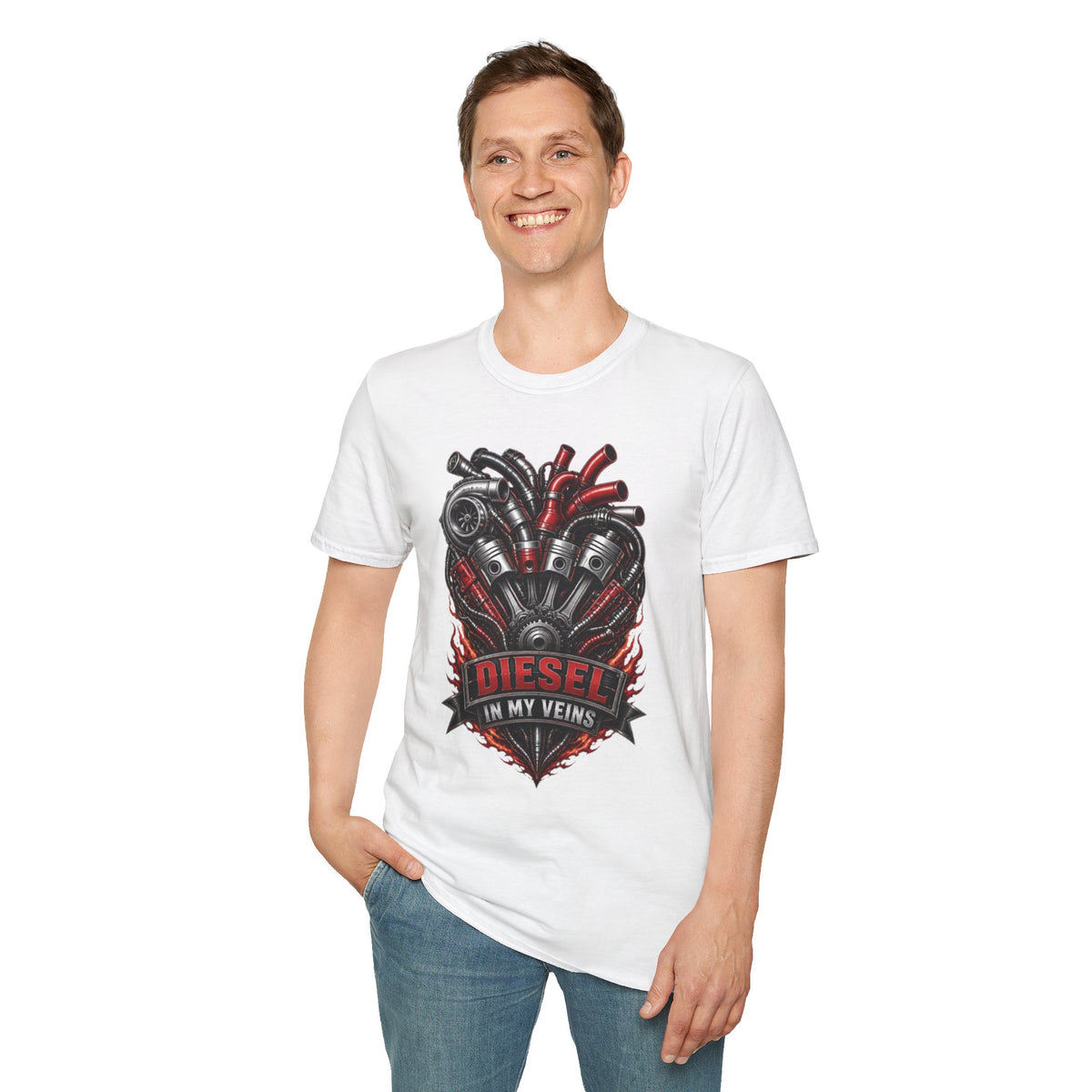 Diesel In My Veins T-Shirt — Engine Heart Graphic Tee for Car & Motor Enthusiasts