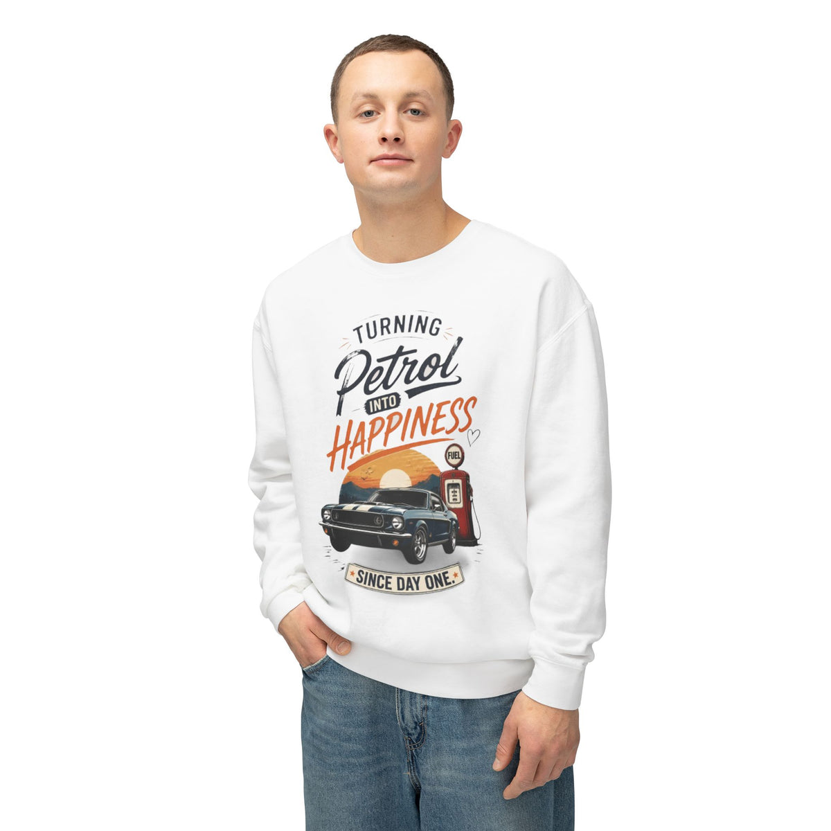 Petrol Into Happiness Crewneck Sweatshirt — Classic Car & Vintage Gas Pump Graphic