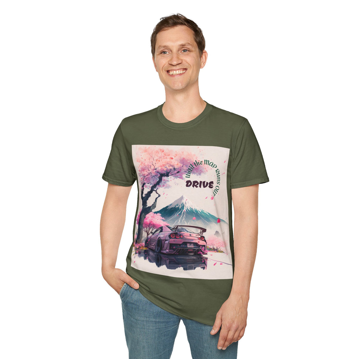 Cherry Blossom Skyline Drive T-Shirt | Retro Car, Mount Fuji