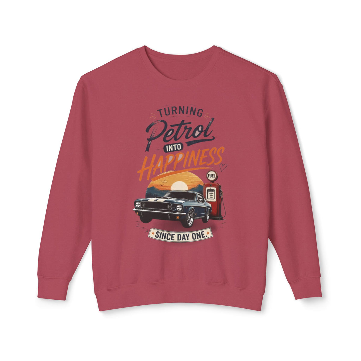 Petrol Into Happiness Crewneck Sweatshirt — Classic Car & Vintage Gas Pump Graphic