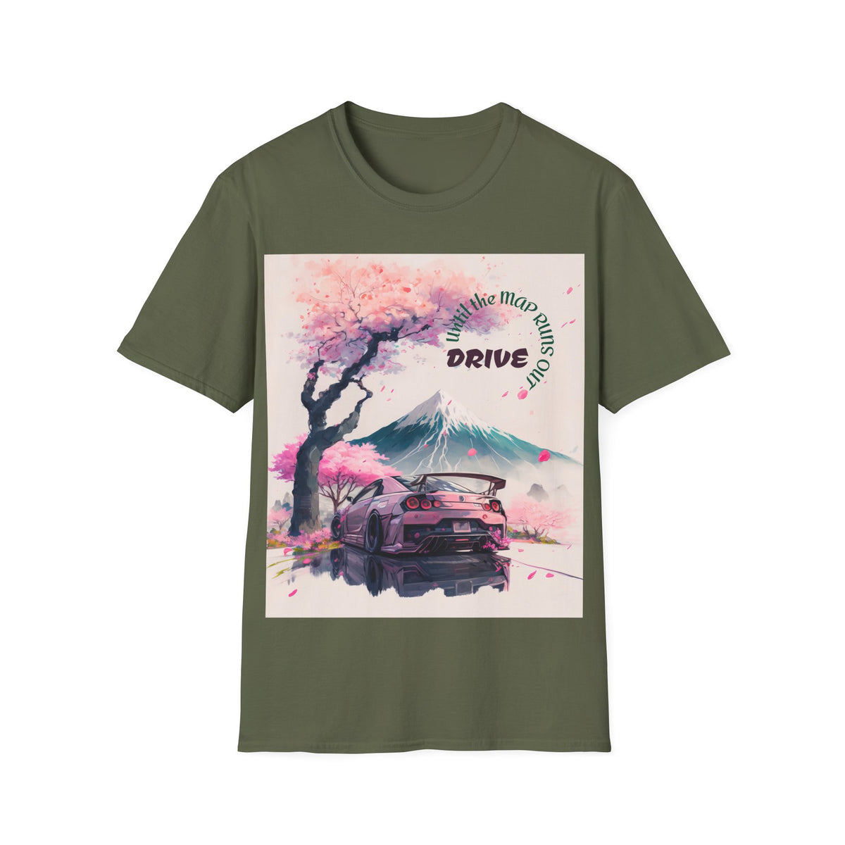 Cherry Blossom Skyline Drive T-Shirt | Retro Car, Mount Fuji