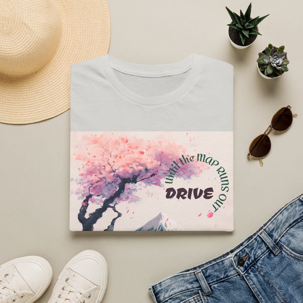Cherry Blossom Skyline Drive T-Shirt | Retro Car, Mount Fuji