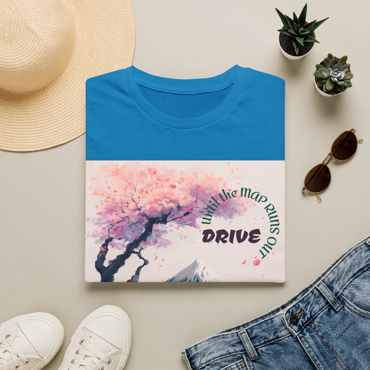 Cherry Blossom Skyline Drive T-Shirt | Retro Car, Mount Fuji