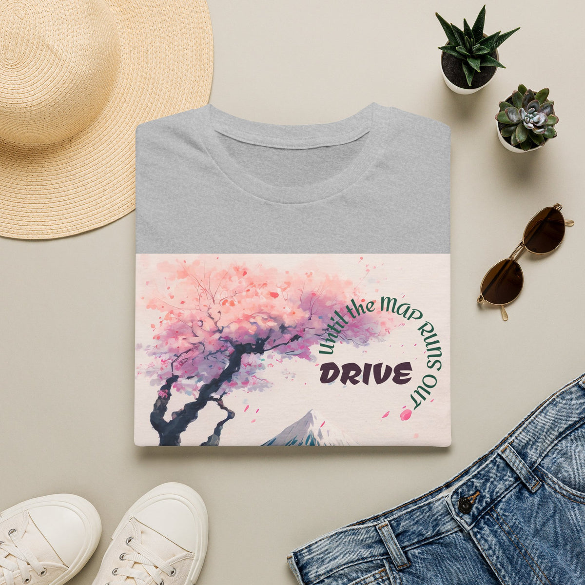 Cherry Blossom Skyline Drive T-Shirt | Retro Car, Mount Fuji