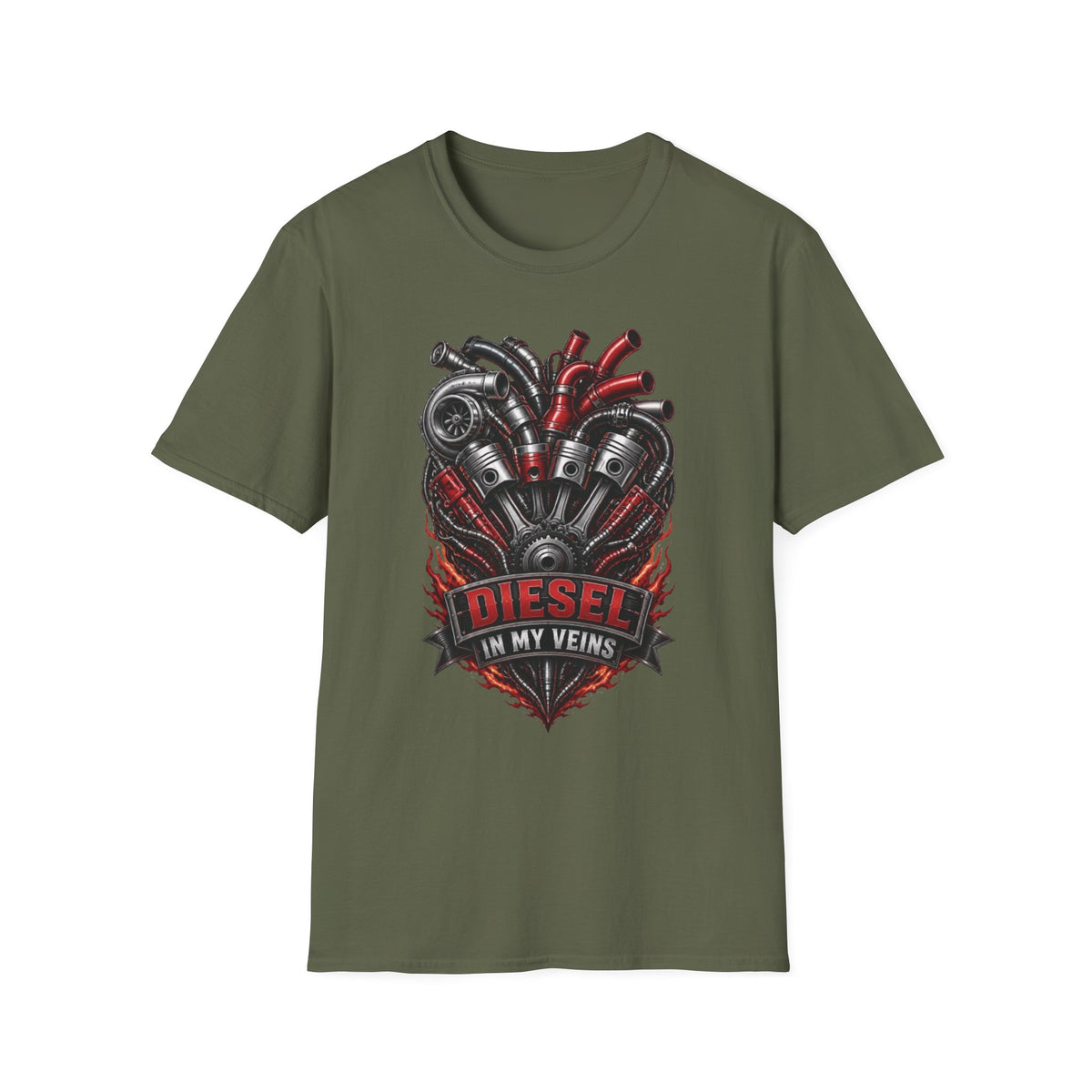 Diesel In My Veins T-Shirt — Engine Heart Graphic Tee for Car & Motor Enthusiasts