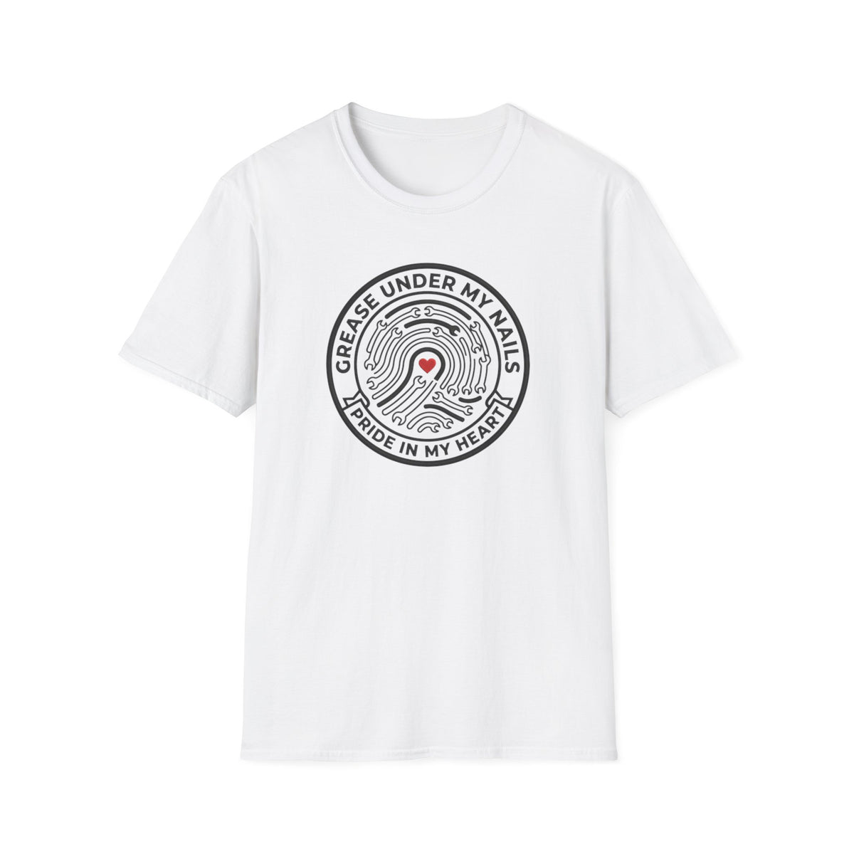 T-Shirt — "Grease Under My Nails, Pride in My Heart" Mechanic Heart Graphic Tee