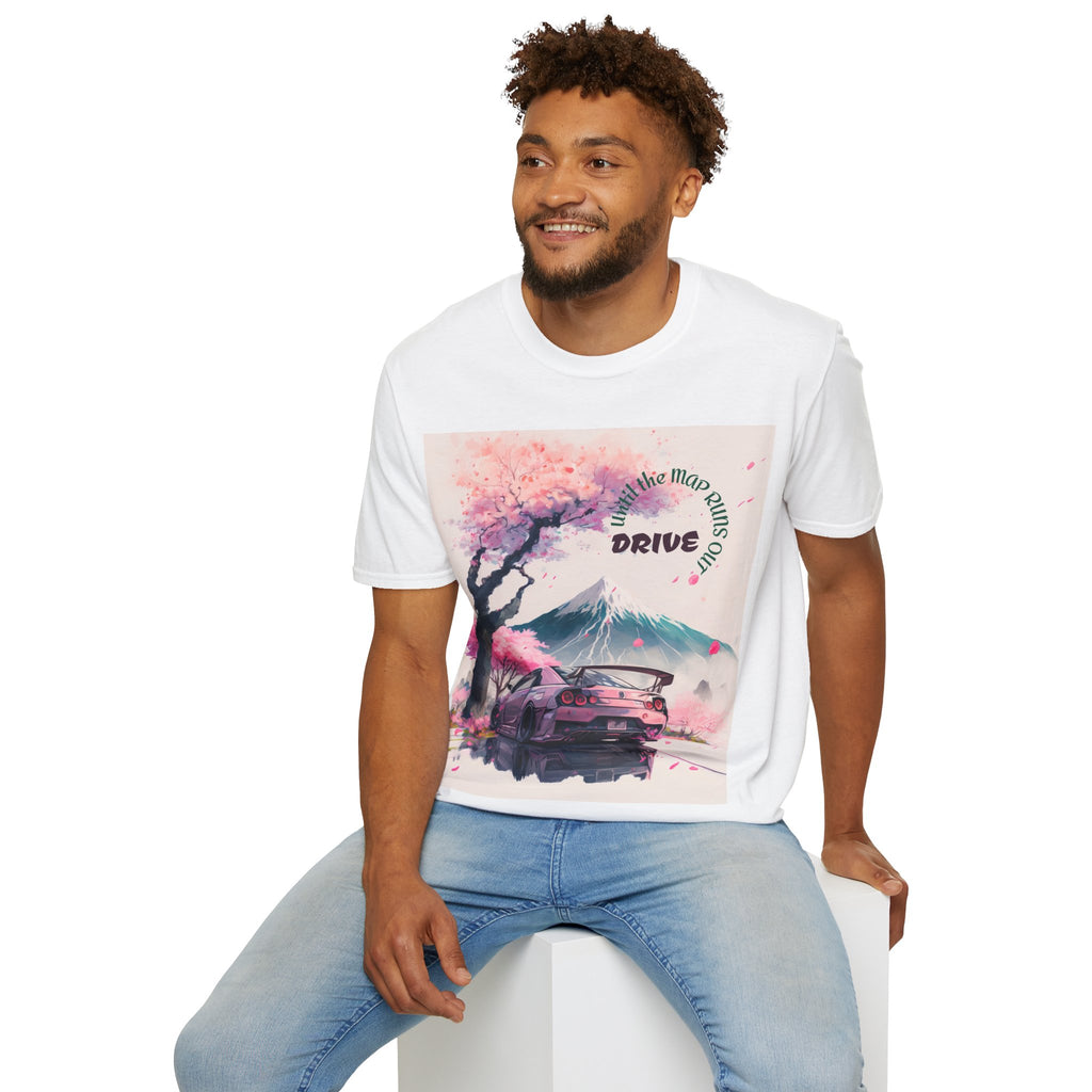 Cherry Blossom Skyline Drive T-Shirt | Retro Car, Mount Fuji